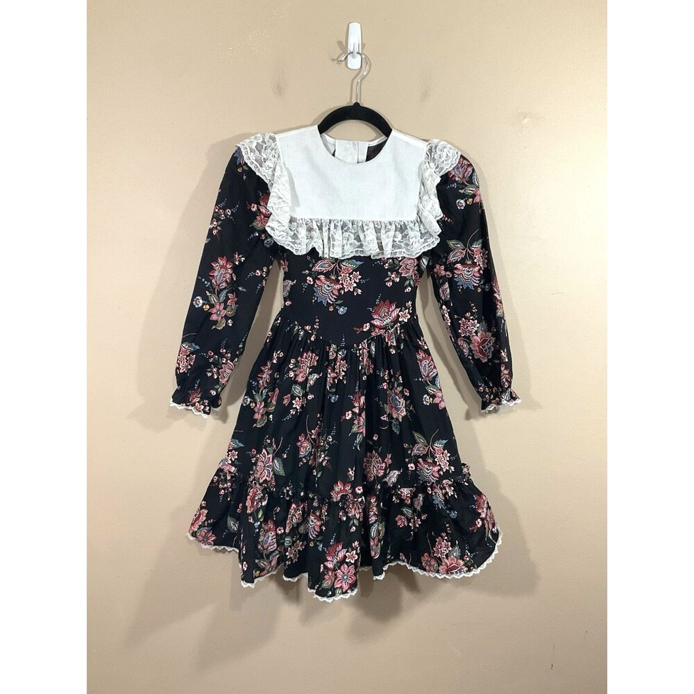 Vintage Miniworld Girls Floral Dress 12 Black Cottage Modest Prairie 90s Party